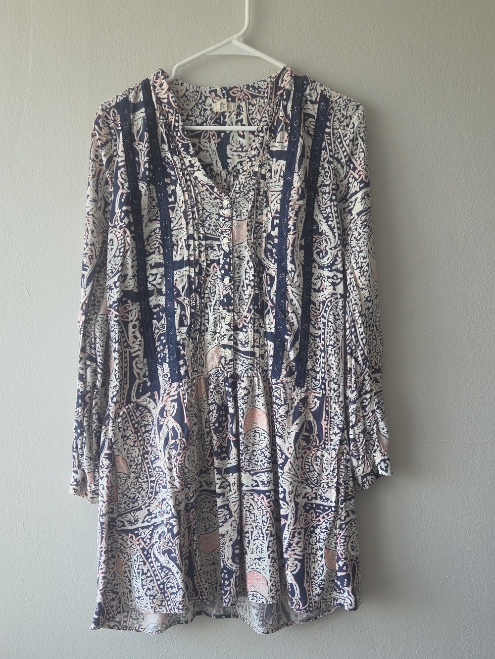 Paisley Long Sleeve Tunic Dress - Navy & Blush